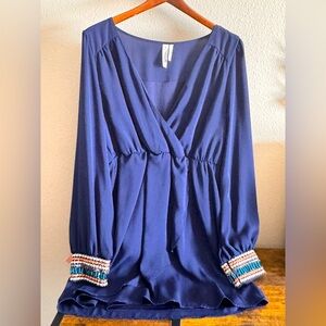 Navy blue "Pink Owl" brand dress with long sleeves and decorative cuffs. Size L